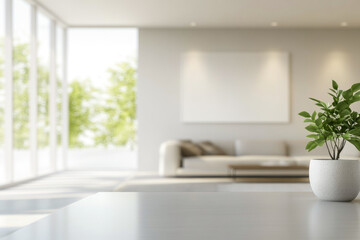 Fototapeta premium Modern minimalist living room with large windows and greenery
