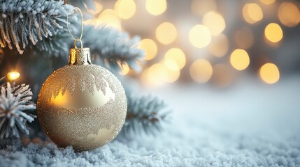 Macro view of a Christmas tree branch with frosted pine needles and a glittering gold bauble softly illuminated by glowing holiday lights