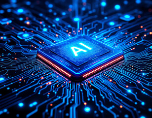Futuristic AI Processor Chip with Glowing Blue Circuit Board and Neon Lights in Close-Up Macro Shot