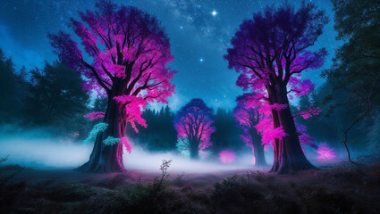 a cinematic photograph of a mystical forest bathed in an ethereal ambiance, where towering trees with radiant, glowing leaves in vibrant neon purple and turquoise hues stand tall, set against a celest