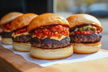Juicy burgers with spicy toppings on a wooden platter