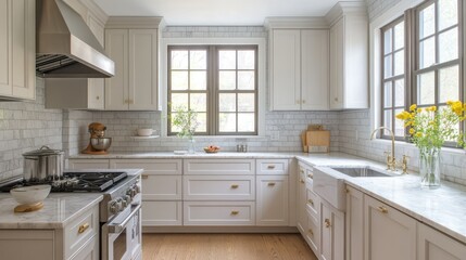 Minimalist kitchen with white cabinets and marble countertops