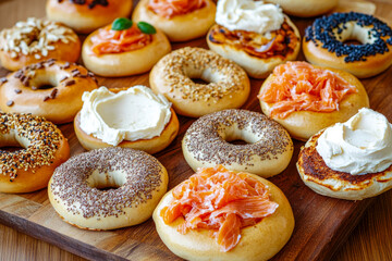 Assorted bagels with cream cheese, salmon, and toppings on wooden board