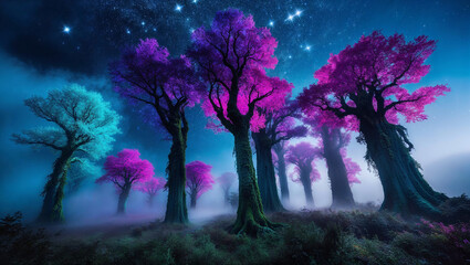 a cinematic photograph of a mystical forest bathed in an ethereal ambiance, where towering trees with radiant, glowing leaves in vibrant neon purple and turquoise hues stand tall, set against a celest
