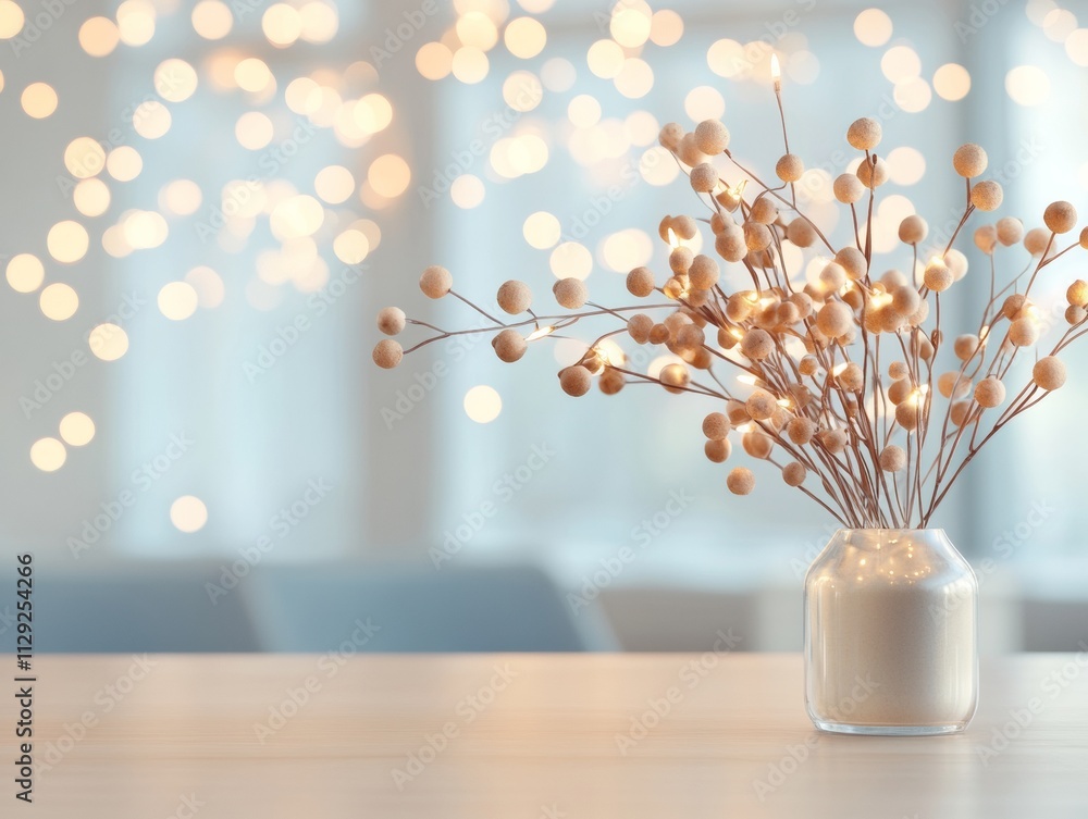 Poster minimalist festive decor with branches and bokeh lights modern elegance in soft focus