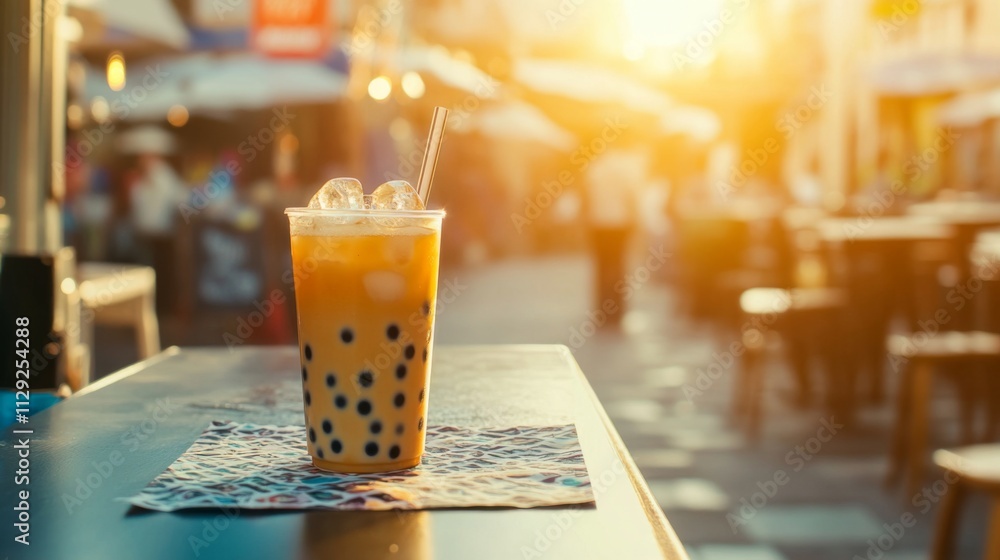 Poster Refreshing Bubble Tea with Tapioca Pearls on Table in Sunset Light