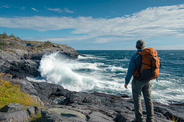 Male hiker with backpack exploring rocky ocean coastline on a windy day