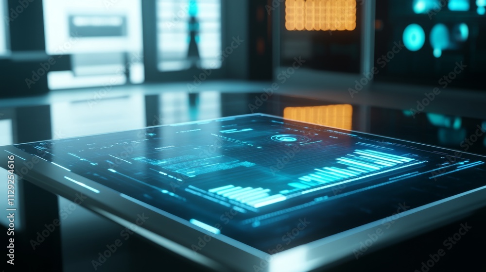 Poster futuristic interface display with data visualization on dark surface