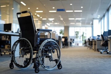 Empty wheelchair in modern office building.