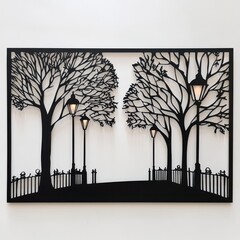 Black metal wall art depicting a park scene at night with trees and lit lamps.
