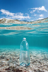 Plastic bottle floating in the ocean, symbolizing water pollution and environmental damage