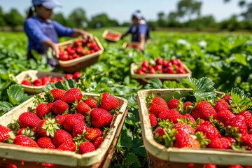 Asian female workers harvesting strawberries in lush green fields