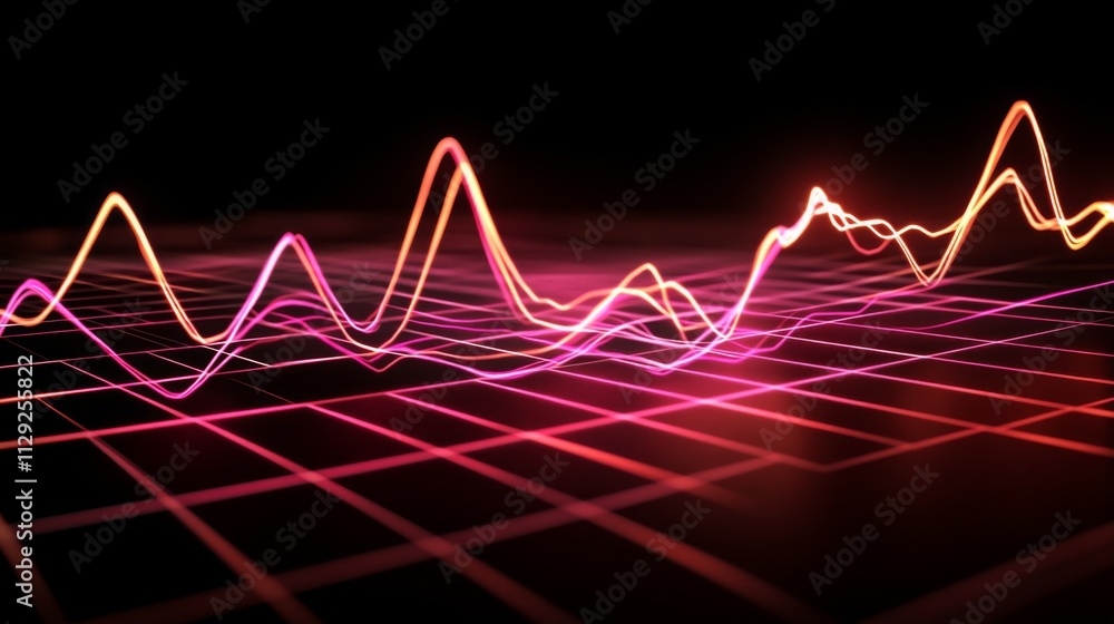 Aufkleber vibrant neon wave patterns on a dark grid background in motion