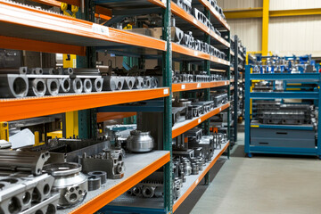 Industrial warehouse shelving with metal components and machinery parts