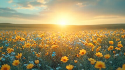 Fototapeta premium Vibrant Field of Sunflowers and Wildflowers Under Beautiful Sunrise with Soft Clouds and Gentle Light Illuminating the Scenery