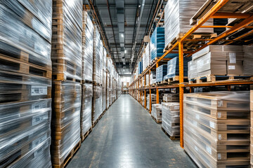 Fototapeta premium Warehouse aisle with stacked pallets in industrial storage facility