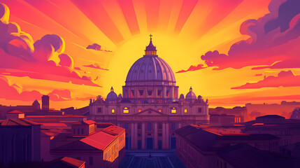 Obraz premium Sunset over st. peter's basilica dome in rome, captivating sky colors and architectural grandeur. Basilica. Illustration