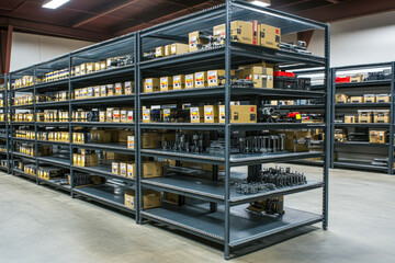 Industrial warehouse shelving filled with boxes and equipment
