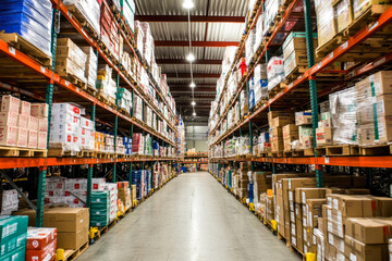 Fototapeta premium Spacious warehouse interior with stacked shelves and cartons