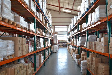 Spacious industrial warehouse with stacked shelves of boxes and goods