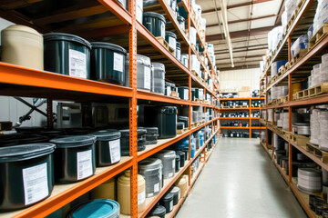 Industrial warehouse aisle with shelves of containers and barrels