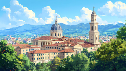 Obraz premium The imposing facade of the basilica di superga overlooking the city of turin, italy. Basilica. Illustration