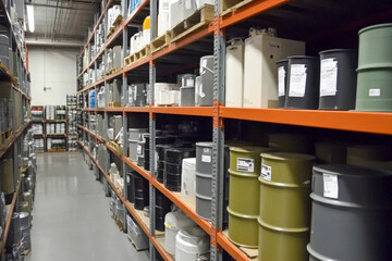 Industrial warehouse shelves stocked with various paint buckets and containers