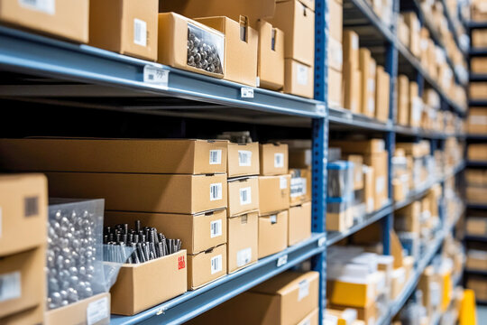 Organized industrial warehouse shelving with cardboard boxes and metal parts