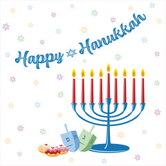Happy Hanukkah greeting cards with colorful dreidels, jelly donuts and a 9 candle stick candelabra on a starry background vector illustration