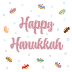 Happy Hanukkah greeting card with colorful jelly donuts and bright blue stars of david on a white background
