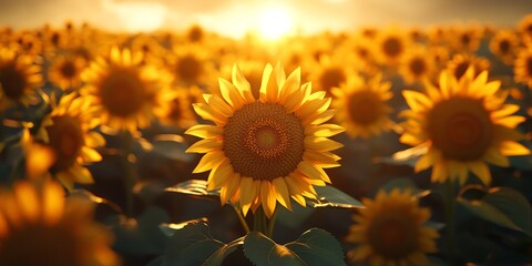 A vibrant sunflower field at sunset, showcasing nature's beauty and tranquility.