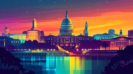 Fototapeta premium Washington city buildings with simple shapes, bright colors, gradient colors, light colors, bright tones, flat style. Basilica. Illustration