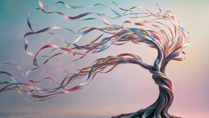 a cinematic photograph of an ethereal, abstract tree with slender, winding branches composed of flowing, vibrant, and intricately patterned colorful ribbons that appear to be dancing in the wind, set 