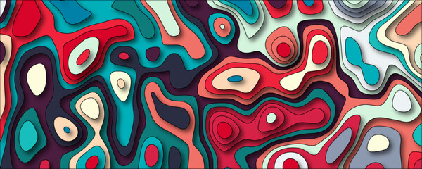Multicolor abstract papercut background. Modern background with fluid and organic shapes. Abstract light and color full wavy shapes paper cut background. Multicolor waves concept for banner.