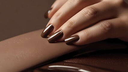 Close-up of a professional manicure process, applying rich mocha mousse nail polish with a glossy finish. Ideal for beauty salon promotions, nail art tutorials, and luxury cosmetics branding.