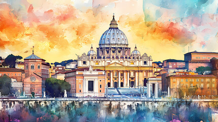 Watercolor painting of st peter s basilica rome italy. Basilica. Illustration