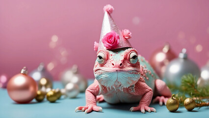 Happy New Year 2025, silvester party, animal celebration greeting card for New Year's Eve: adorable, humorous chameleon wearing a party hat, isolated on pink