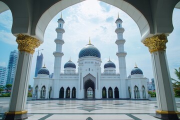 Majestic white mosque viewed through an archway, showcasing its intricate details and surrounding cityscape under a bright sky.