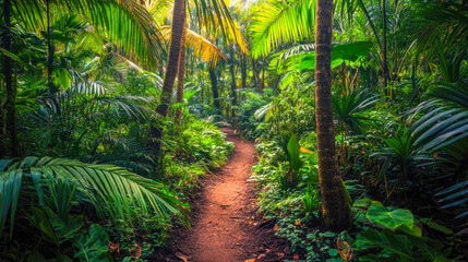 Obraz premium Lush tropical forest pathway with sunlit palms and dense vegetation