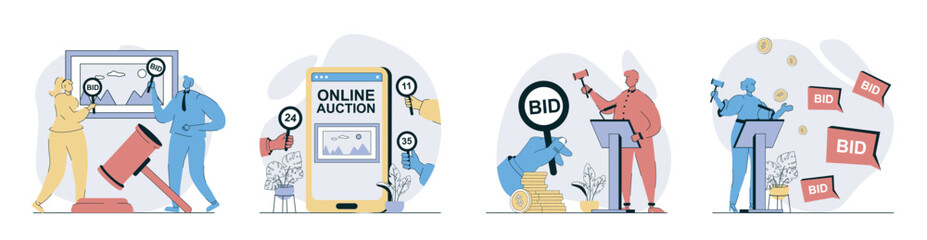 Auction concept set in flat design for web. Collection with people bidding and buying pictures in frame at exhibition and arts at online auction, trader using gavel. Vector illustrations.