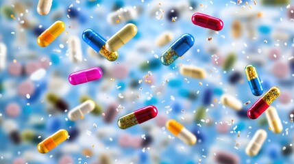 Multi-colored pills and capsules of drugs flying in all directions