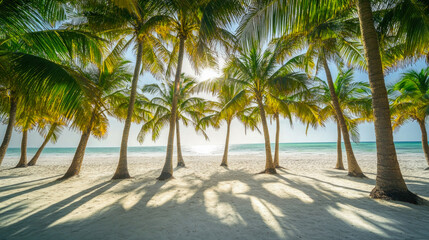 Tropical beach with palm trees and sunlight on a white sand shoreline