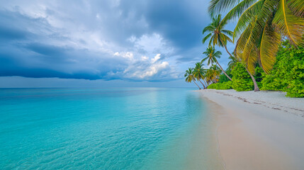 Tranquil tropical beach with turquoise water and palm trees under a cloudy sky