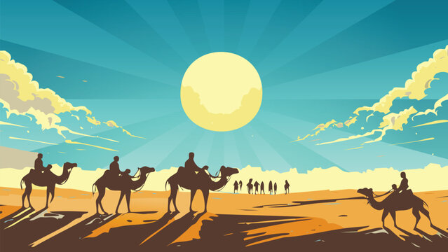 Desert landscape with a row of camels and sun in the middle vector illustration