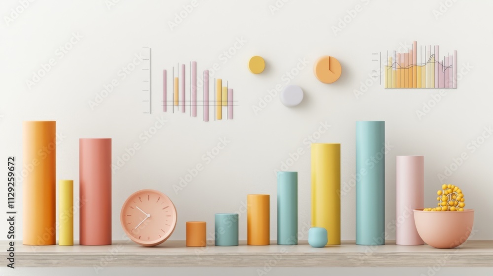 Poster colorful data visualization with cylinders and wall graphs