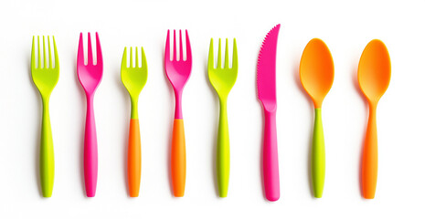 A set of colorful plastic cutlery, including two knives and three forks and spoons arranged in a row on a white background