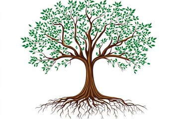 Obraz premium Lush green tree with extensive root system isolated on white background.