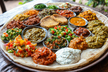 Variety of colorful ethiopian dishes on traditional injera bread