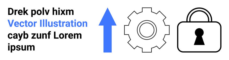 Text next to blue upward arrow, grey gear, and black padlock. Ideal for technology advancement, innovation, progress, security, development protection and conceptual designs. Landing page