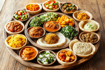 Array of colorful ethiopian dishes with injera on wooden platter